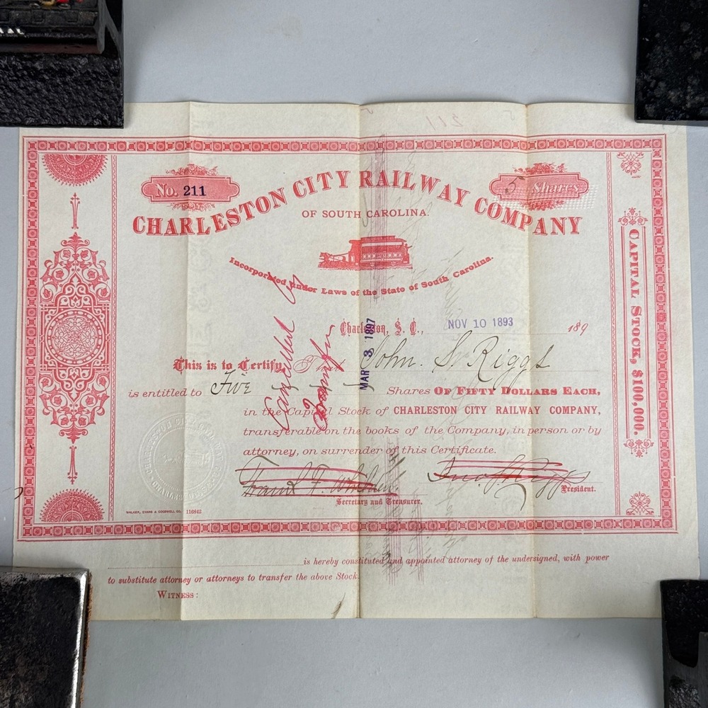 Charleston City Railway Company Stock Certificate 1893 South Carolina